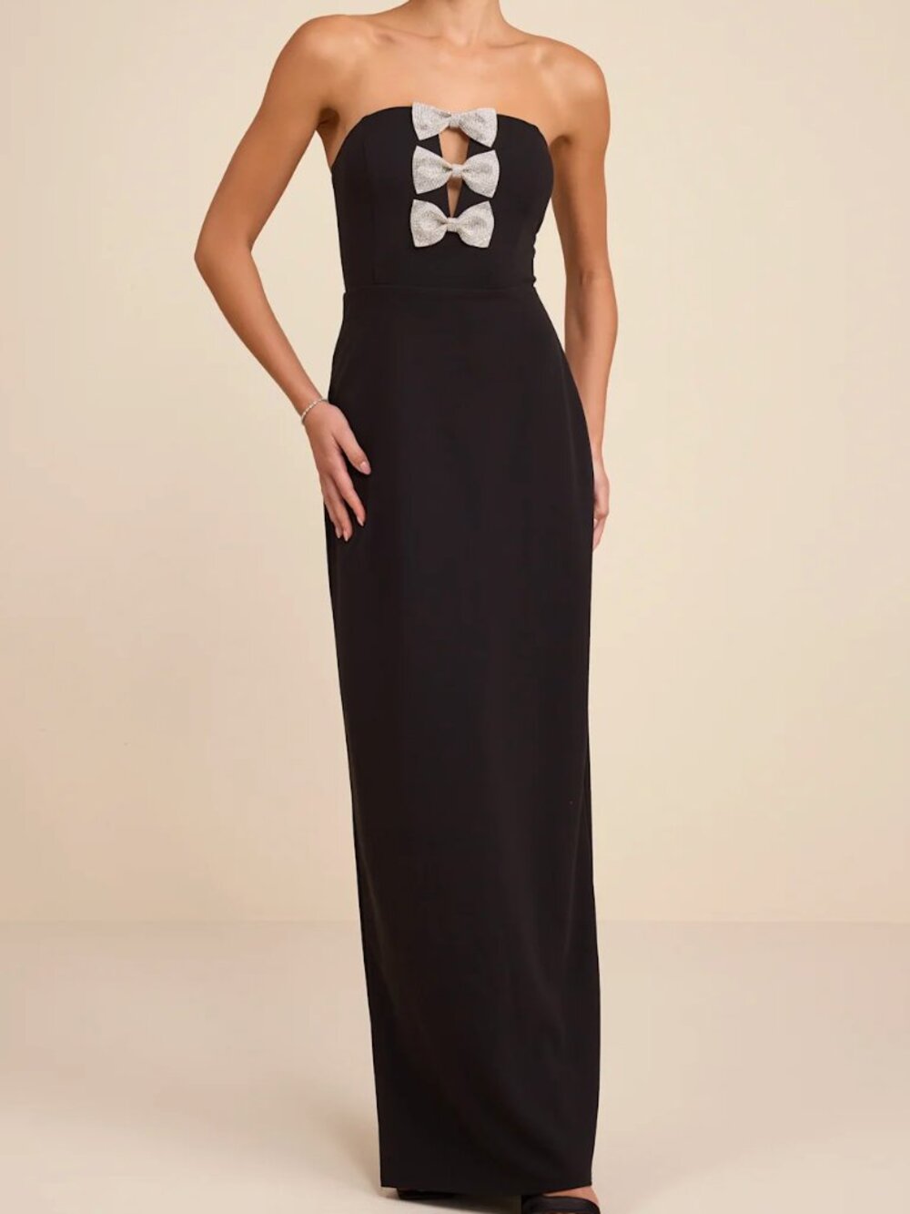 Lulus Jovia Black Rhinestone Bow Strapless Maxi Dress